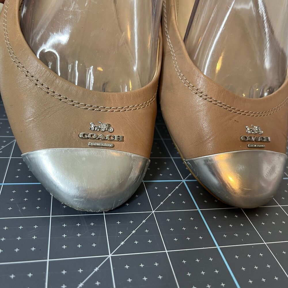2/$100 Coach New York Chelsea Tan Leather Silver Metallic Cap Toe Flats - Picture 3 of 14